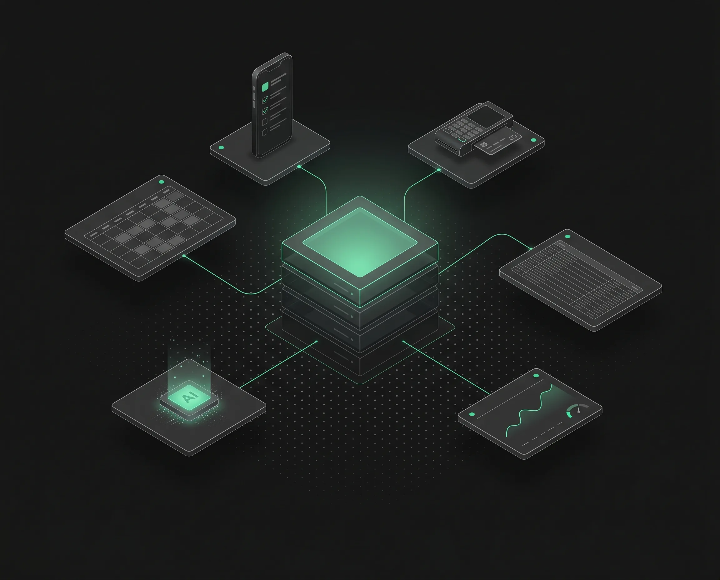 Isometric illustration of a custom software platform core connecting scheduling, mobile field work, payments, accounting, AI processing, and real-time telemetry.