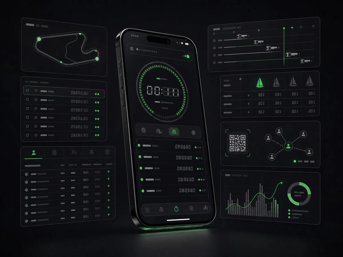 Dark mobile race timing interface with handicap scoring panels, race sequence controls, fleet tracking, QR invite module, and analytics