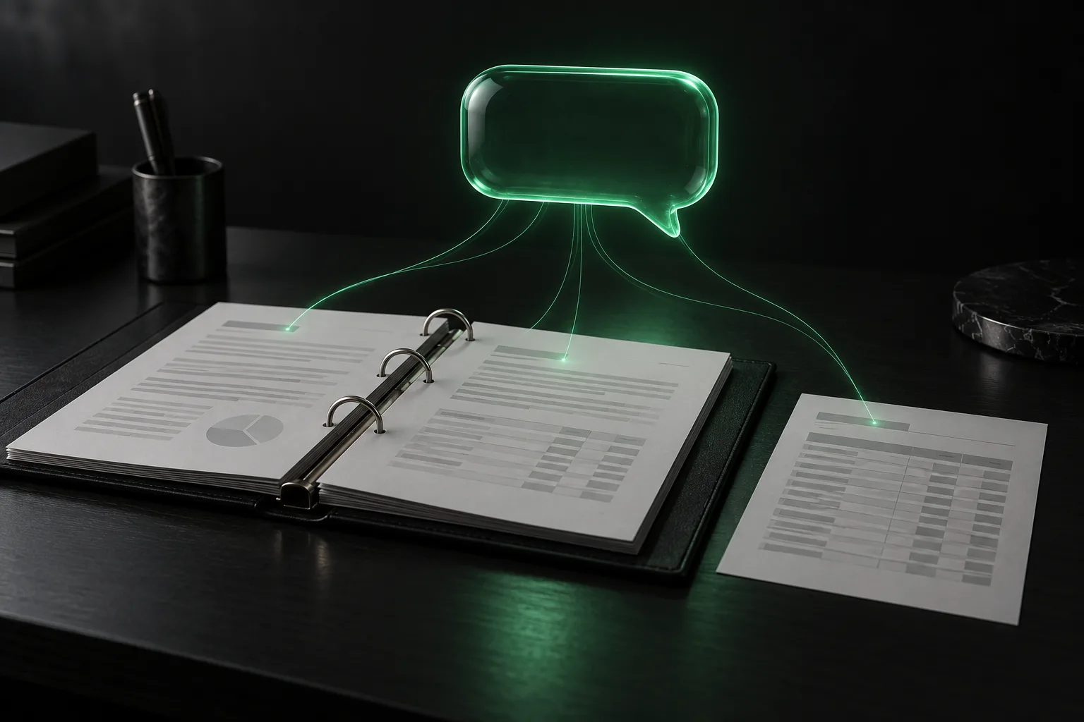 A glowing speech bubble answering from an open binder of documents and a price list.