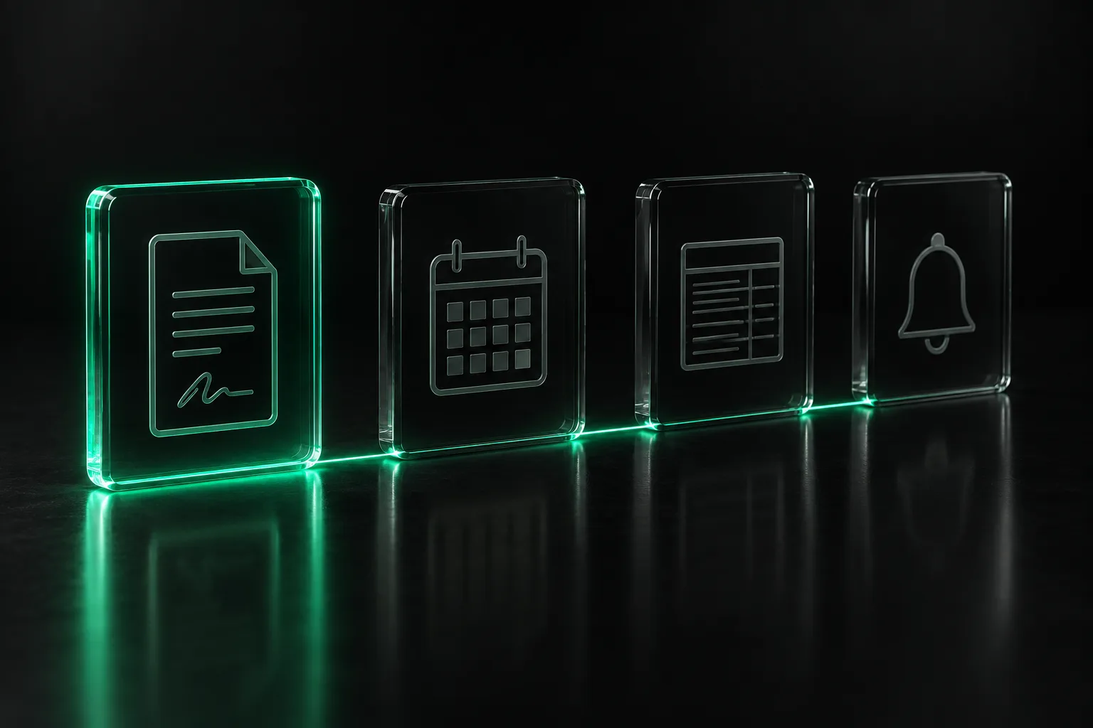 A signed document, a calendar, an invoice and a bell connected by one green line, like dominoes.