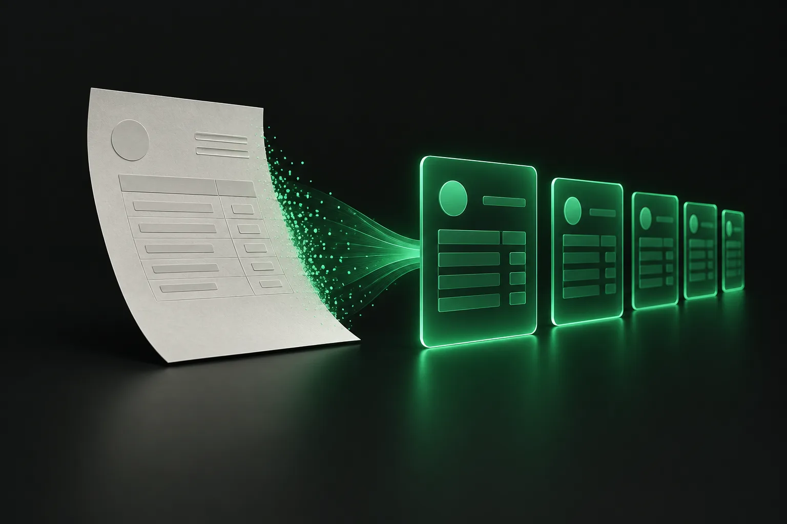 A paper invoice dissolving into a row of tidy glowing data records.