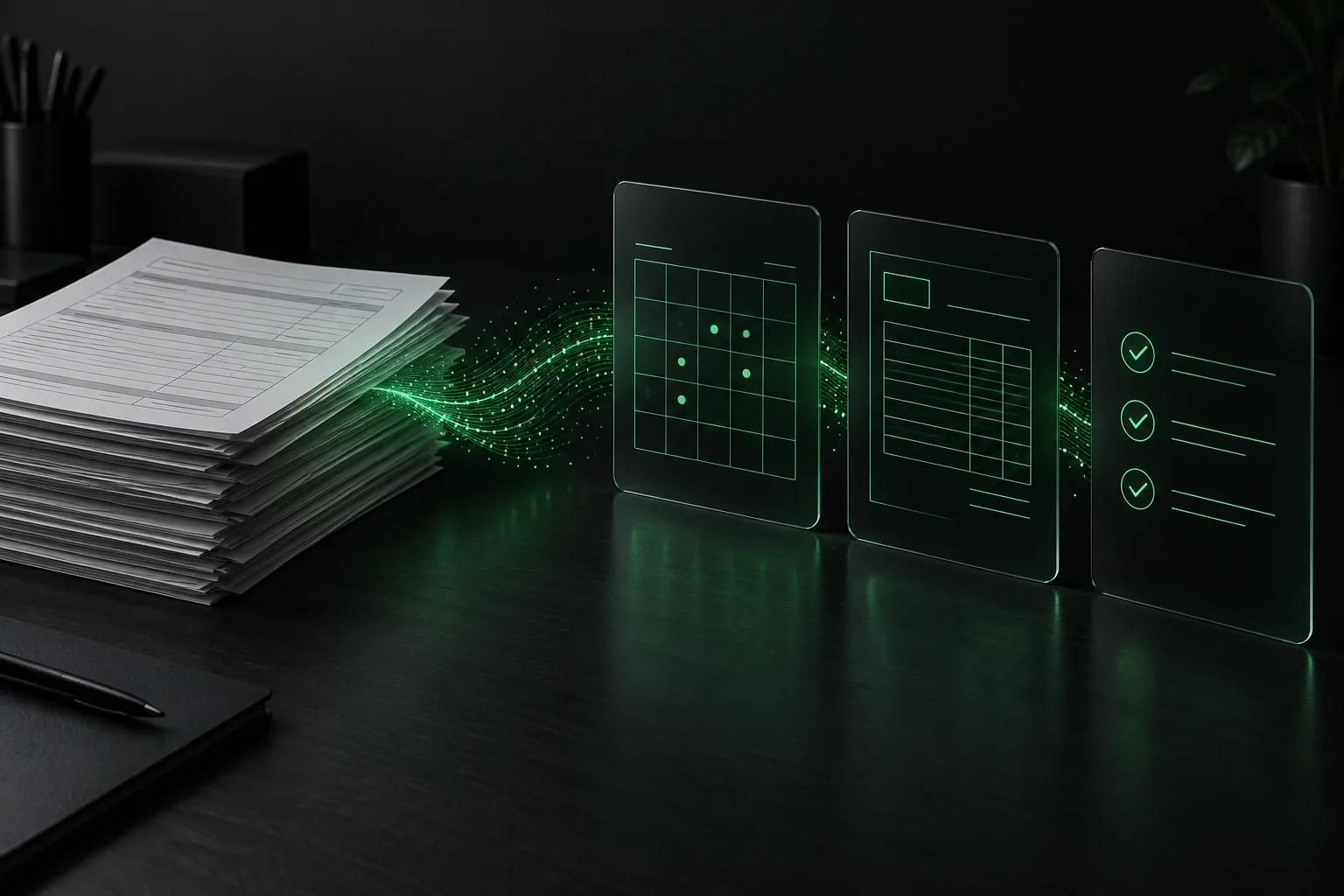 A stack of paper forms flowing as green light into a calendar, a ledger and a task list.