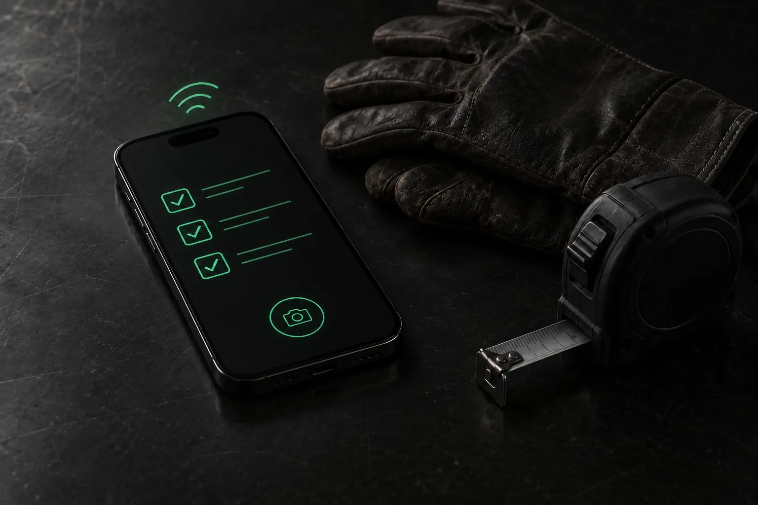 A phone on a work bench beside gloves and a tape measure, showing a ticked checklist.