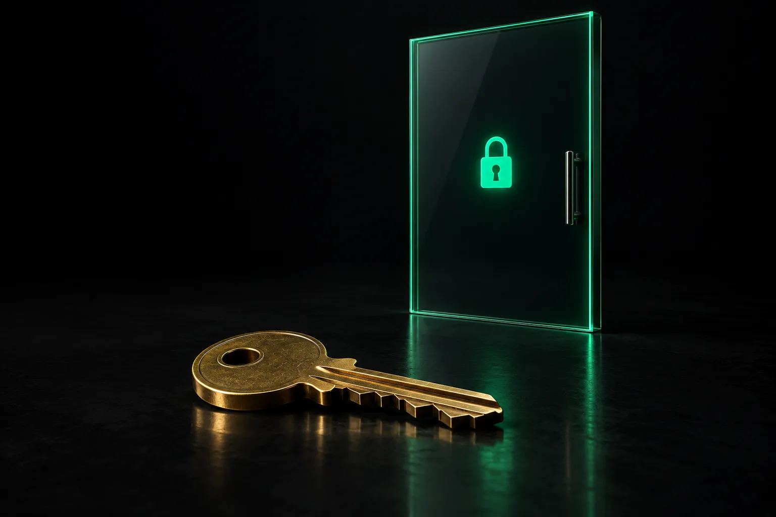 A brass key in front of a dark glass door with a glowing lock.