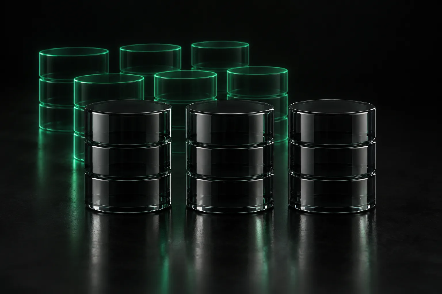 Three glass database cylinders with faint backup copies behind them.