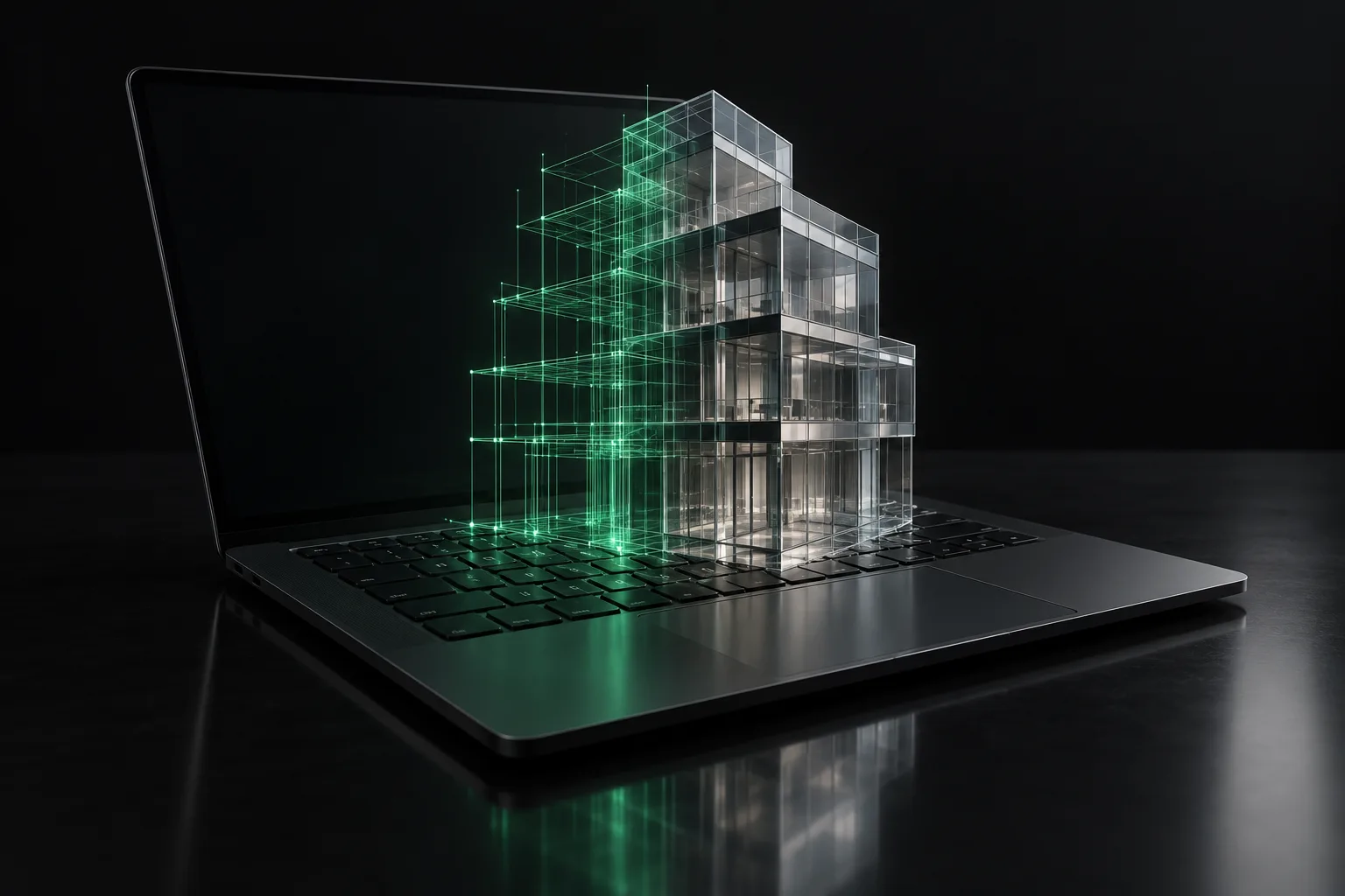 A small glass structure rising from a laptop, half still a glowing wireframe and half settled into solid blocks.