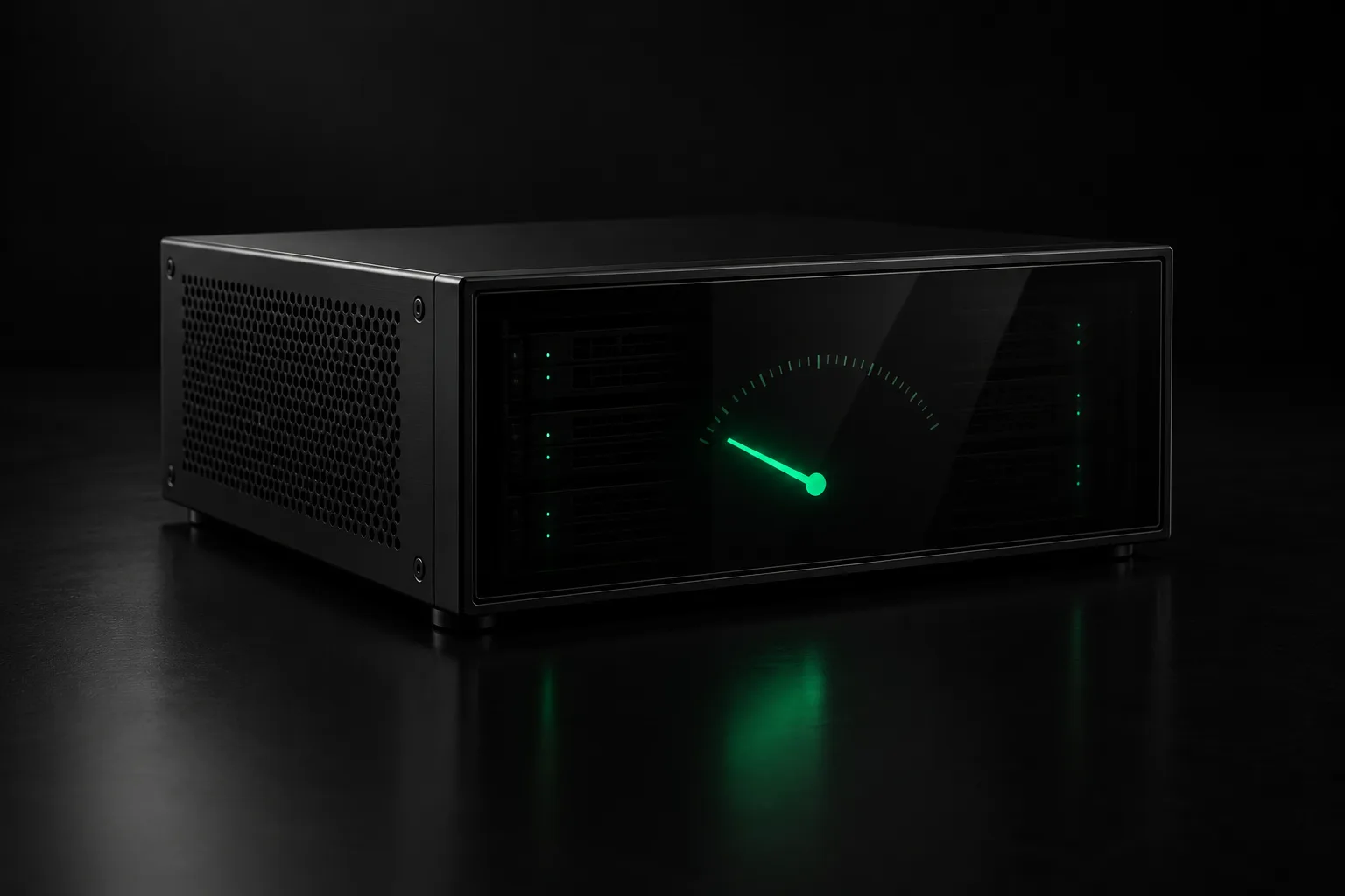A small dark server unit with a calm green gauge on its front.