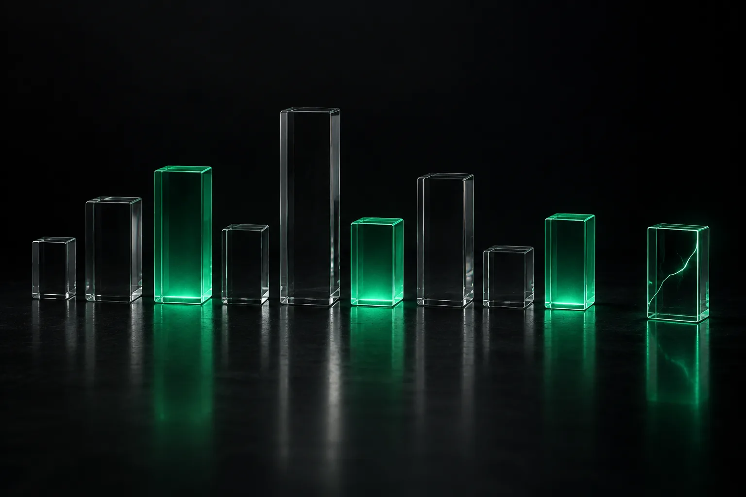 A row of glass blocks laid out for inspection, three glowing green and one flagged with a crack of light.