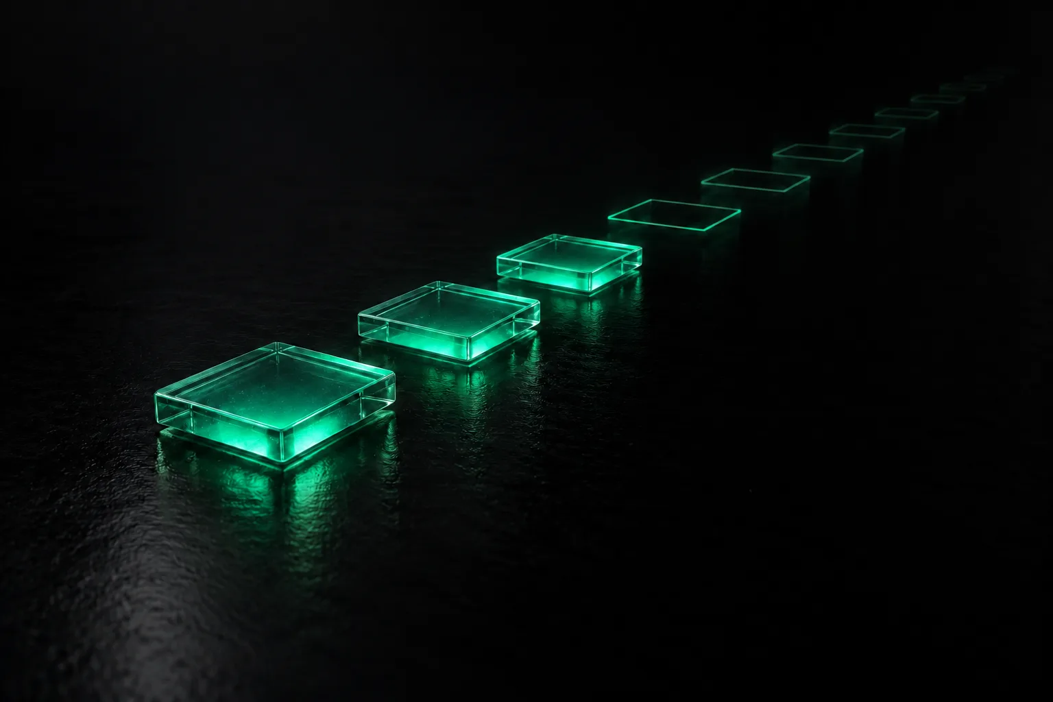 A path of glass stepping stones, the first three solid and lit green, the rest still faint outlines.