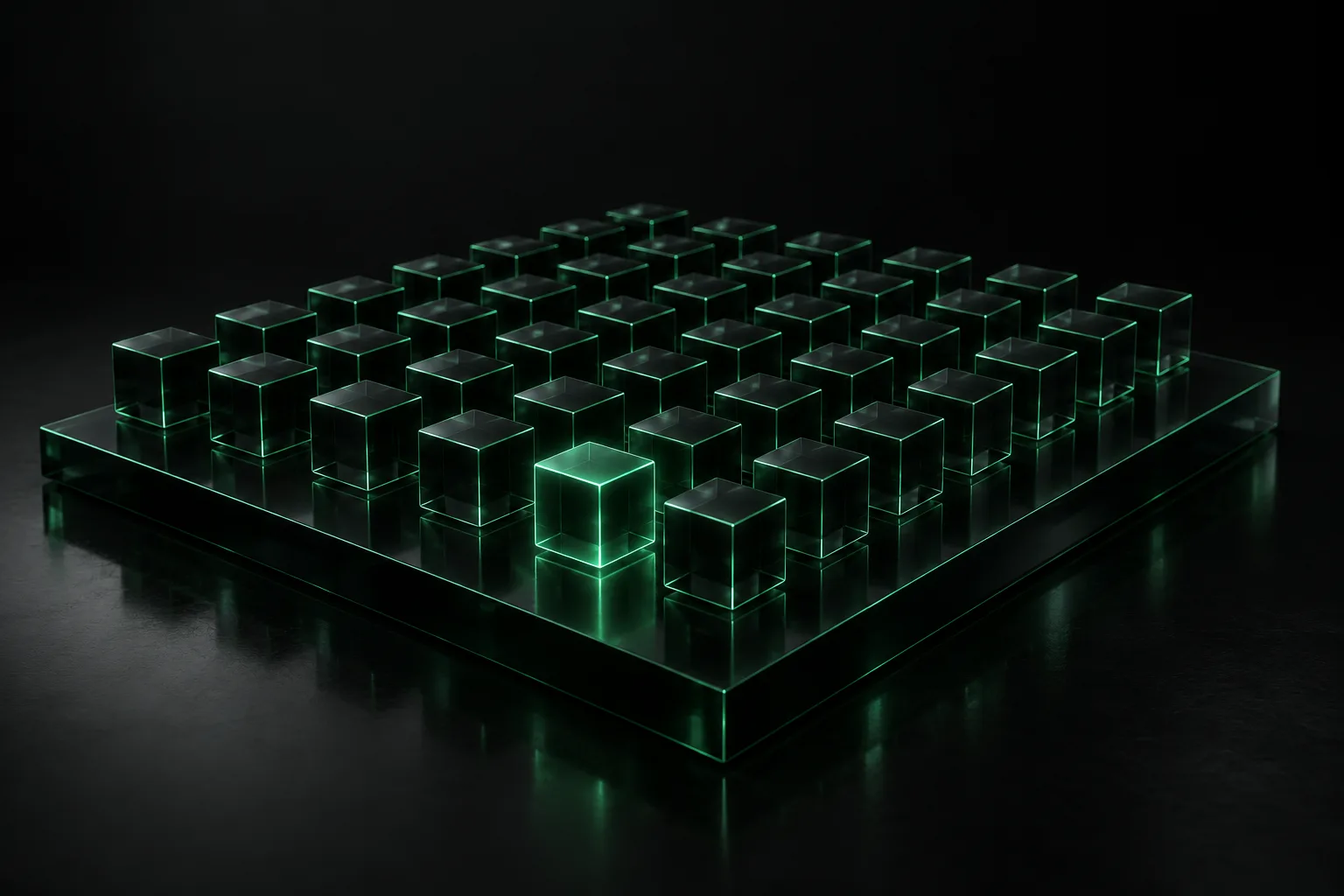 Many identical glass cubes standing on one platform, each with its own outline.