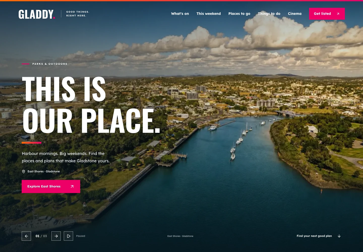 Gladdy's public homepage, with a Gladstone harbour photograph, local events and places to explore.