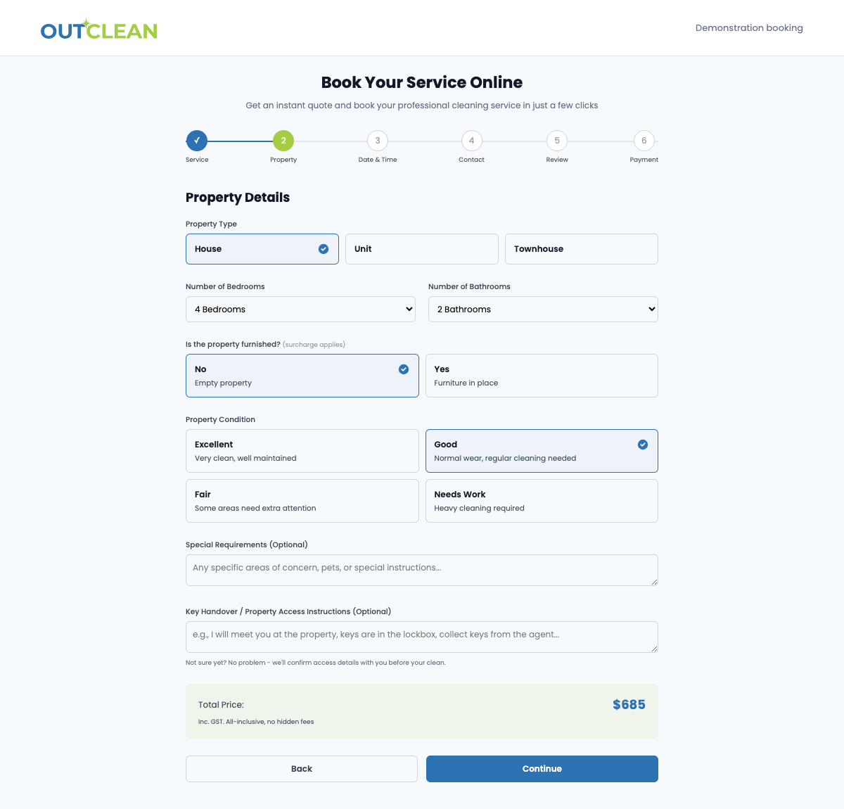 OutClean booking form demonstrating property selection, bedrooms, bathrooms and pricing using sample data.