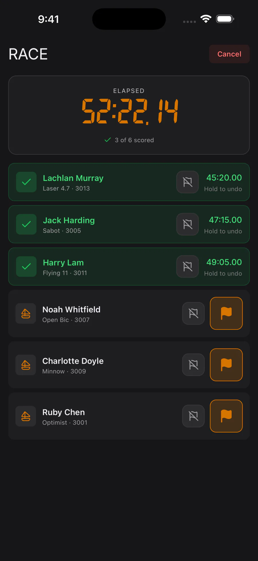 SailScore race timing with sample finish times and one-tap finish controls