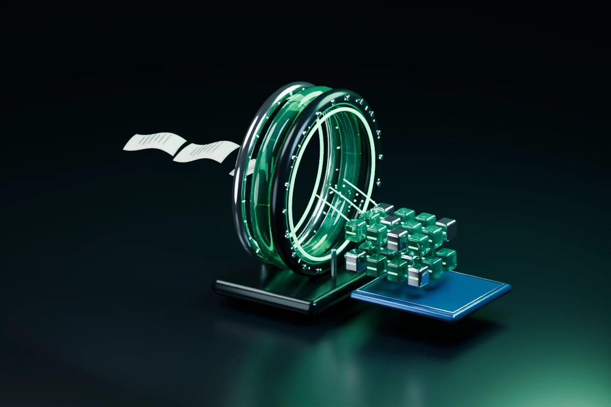 Paper invoices pass through three independently rotating chrome and emerald scanning rings, becoming ordered glass records on the other side.