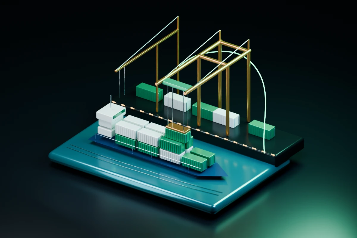 An emerald and ivory container ship sits beside a miniature freight terminal, with copper cranes and a glowing shipment route.