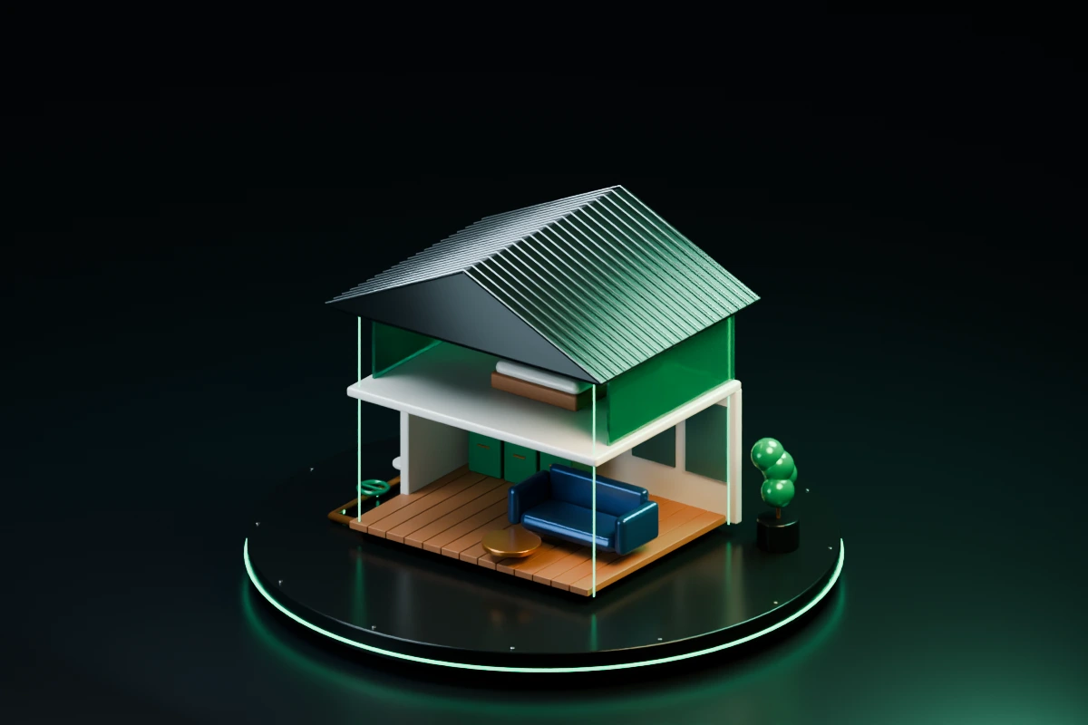 An exploded miniature house with a floating roof and bedroom above a furnished living room, kitchen and visible pipework.