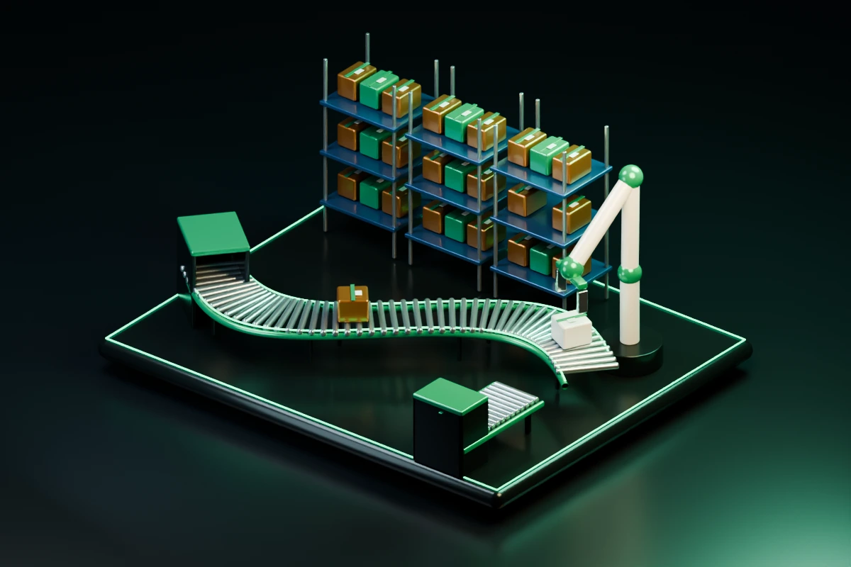 An articulated robot grips three circulating parcels, lifts them from a winding conveyor and places them onto a separate dispatch conveyor beside stocked warehouse shelves.