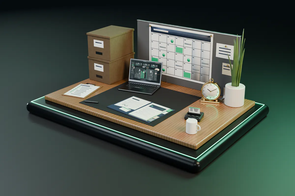 A brass desk clock with an emerald countdown arc stands on an oak partner desk beside an open welcome folder with tabbed sections, a laptop showing a ledger dashboard, a ticked document checklist and an ID card in its reader, under a wall planner with due dates marked in emerald.