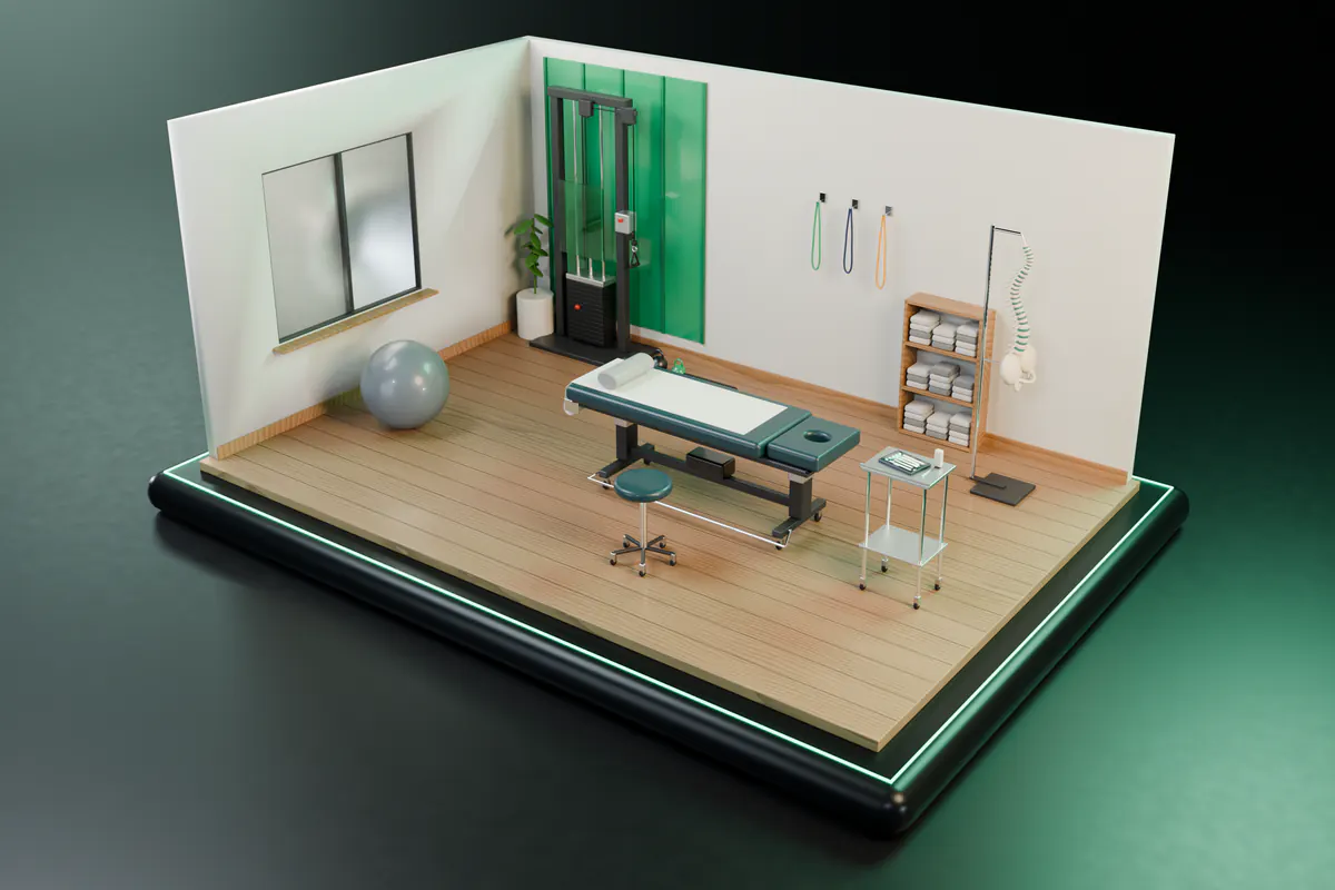 A miniature physiotherapy room with a treatment table, a cable pulley station, an anatomical spine model and a tablet showing an intake form.