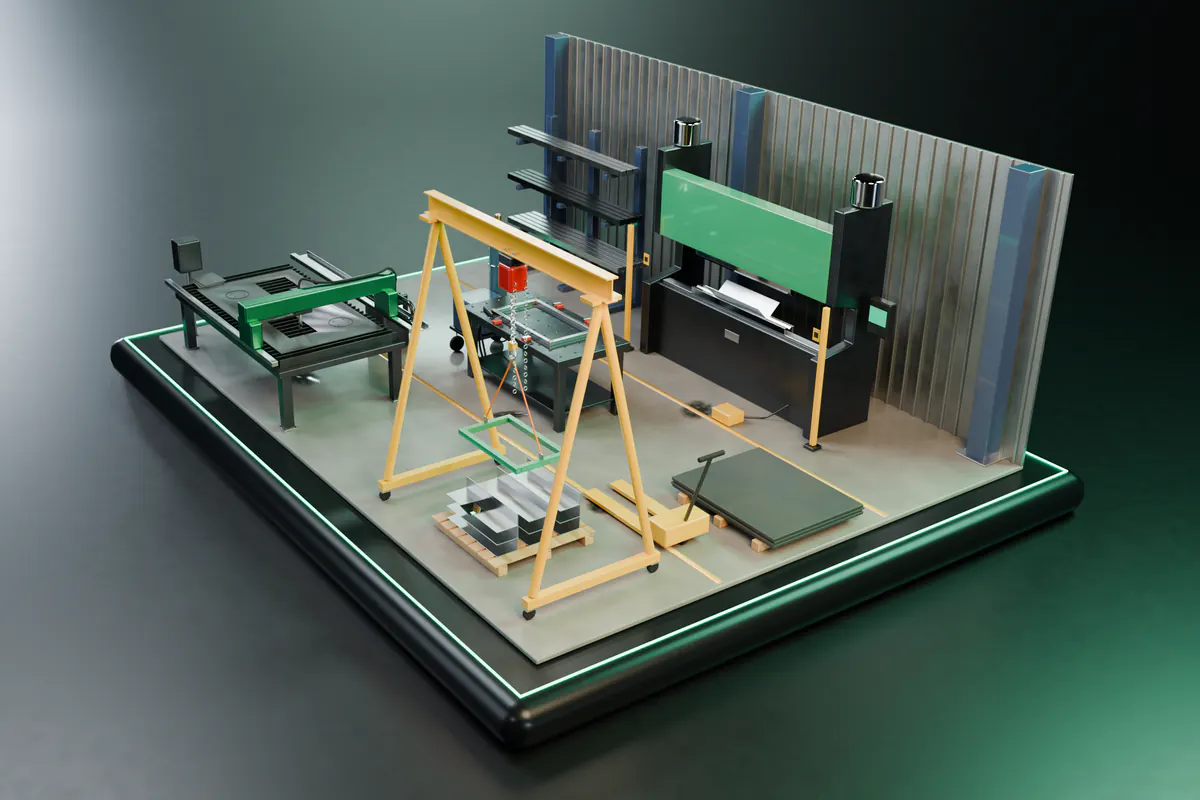 A miniature steel fabrication floor with a plasma cutting table with nested parts, a press brake holding a freshly bent angle, a welding fixture, and a gantry hoist lowering a finished frame over a pallet of brackets with its job traveller.
