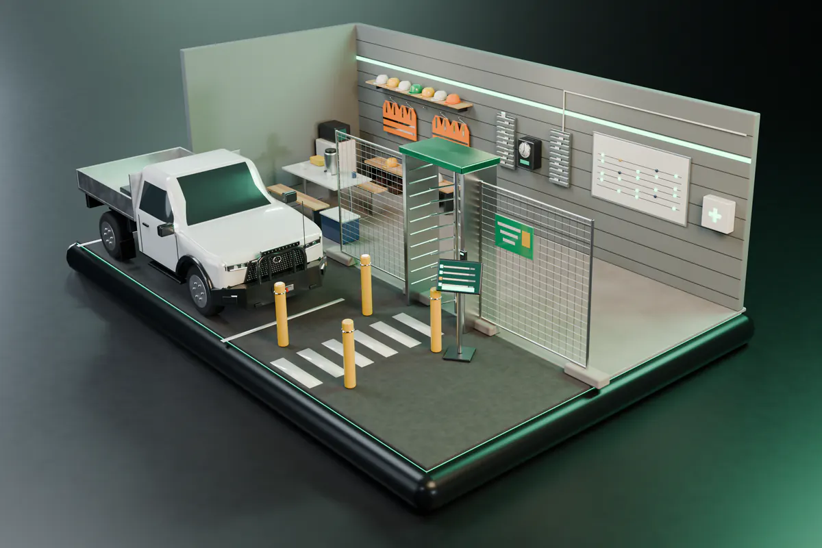 A miniature labour hire sign-on point with a bundy clock between timecard racks, hard hats and hi-vis vests by the crib room, and a site turnstile with an approval tablet beside it.