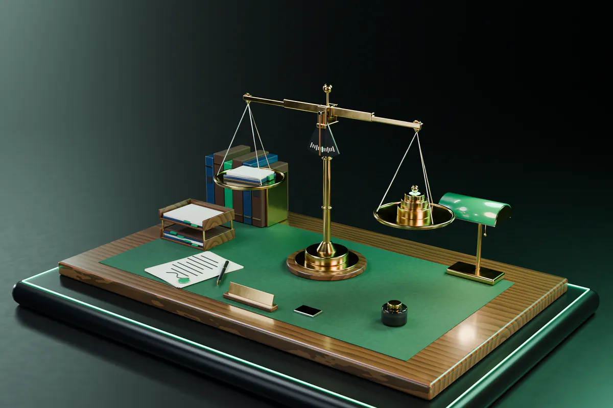 A brass balance in equilibrium on a walnut desk, with a matter file on one pan and verification weights on the other, beside law reports, a filing tray and an emerald banker’s lamp.