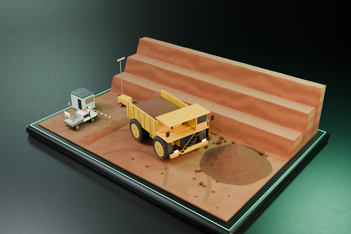 A miniature open-cut mine bench with a loaded haul truck beside an ore stockpile, terraced red-earth benches behind, and a light vehicle held at the boom gate by the gatehouse and its prestart kiosk.