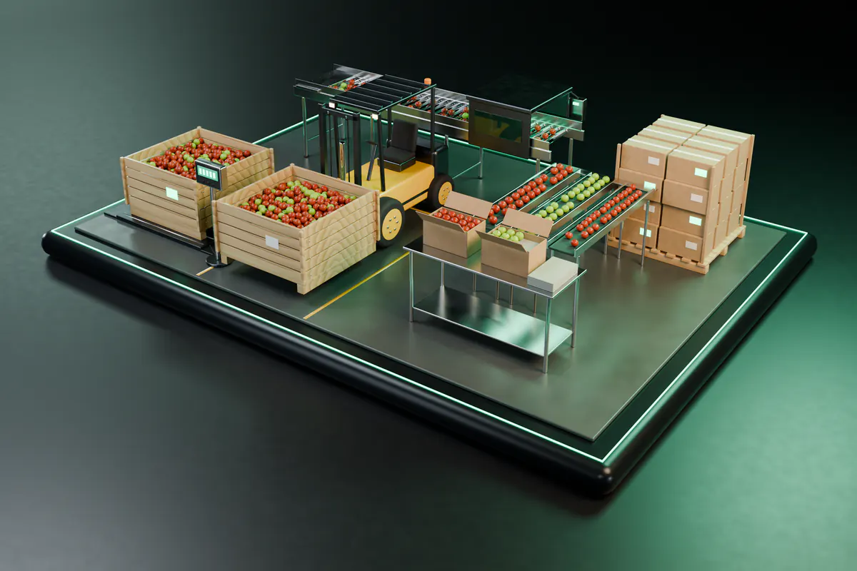 A miniature fruit packhouse with field bins of red and green apples, a grading line under a camera arch, packing lanes sorted by grade, open cartons and a pallet of packed cartons.
