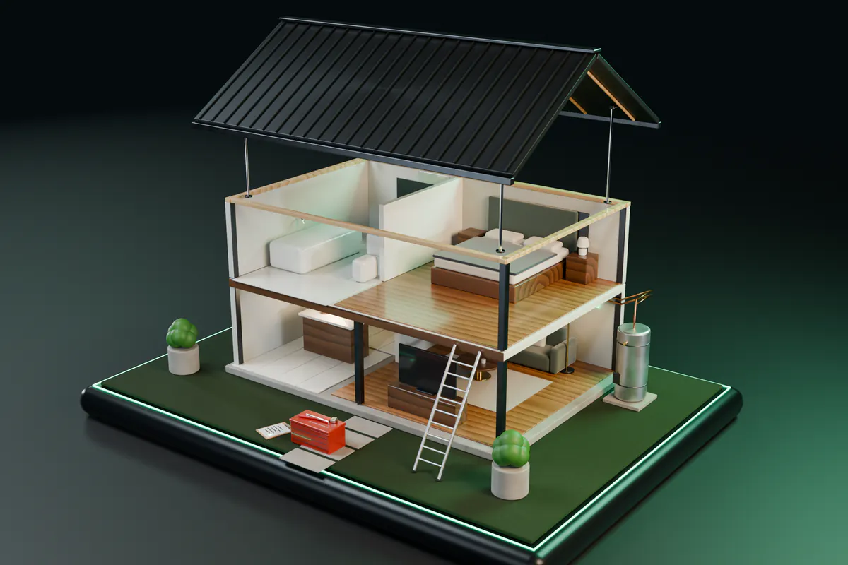 A cutaway two-storey house with furnished rooms and its roof raised on support rods, with a hot water unit, a ladder against the upper floor and a plumber’s tool chest on the lawn.