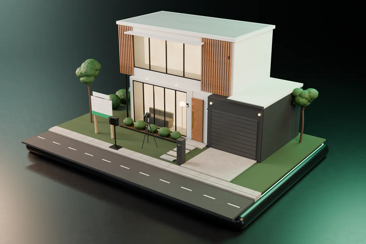 A modern display home at twilight with lit windows, a blank for-sale board on the lawn, a camera on a tripod and a brochure stand by the street.
