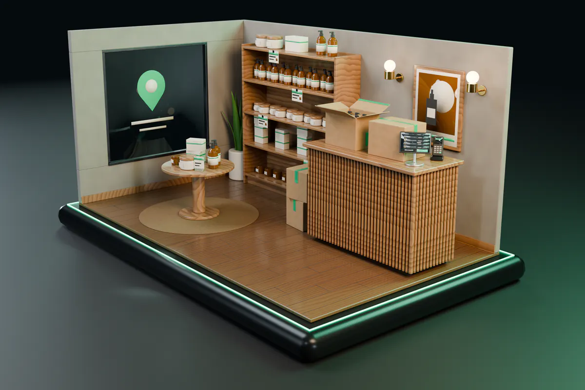 A miniature independent boutique with the brand’s range of amber bottles, jars and boxed sets on an oak wall unit with shelf talkers, an opened carton with emerald tape beside a sealed one on the fluted counter with a trade-order tablet and card terminal, and an emerald map pin decal on the shop window.