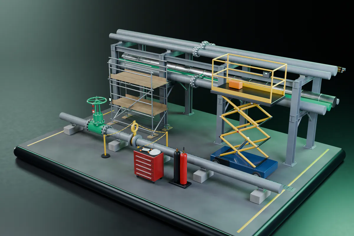 A miniature plant shutdown with a pipe rack with flanged spools, a scissor lift raised level beside it, tagged scaffolding, a gate valve with an emerald handwheel and a contractor’s tool chest.