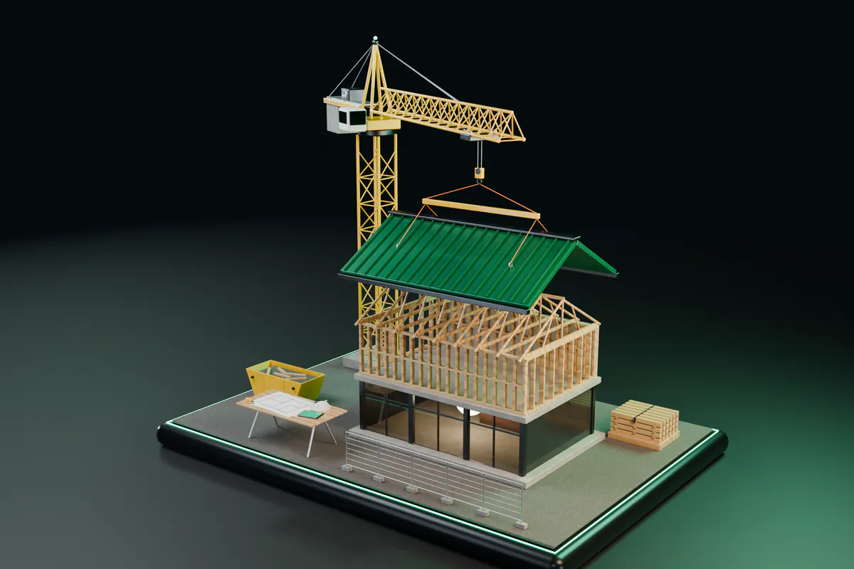 A yellow tower crane lowers an emerald roof module on a spreader beam above the timber trusses of a two-storey building, with drawings and a tablet on a trestle table in front.