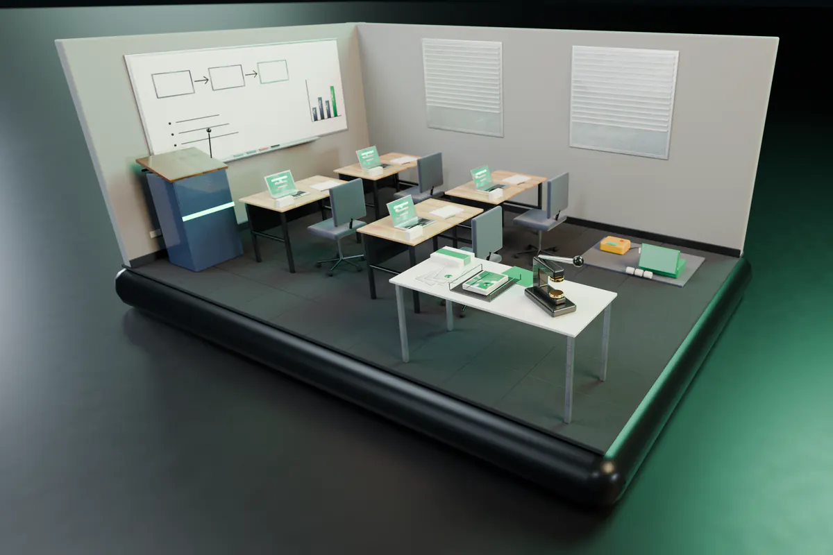 A miniature training room with a lever embosser beside a tray of freshly sealed statements of attainment in the foreground, with four student desks and open laptops facing a whiteboard and lectern, and a first aid practical station.