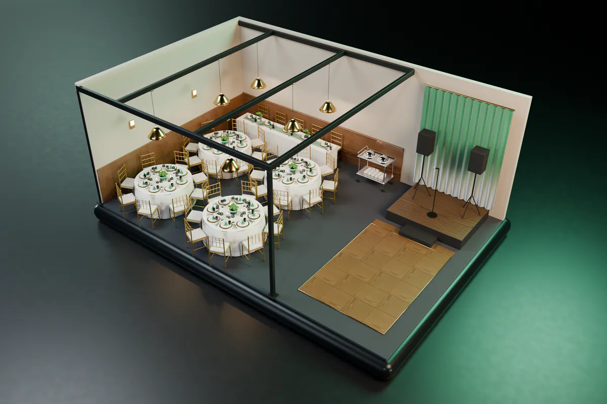 A miniature function room with round banquet tables set for dinner, brass pendant lights, a parquet dance floor and a stage with an emerald drape.