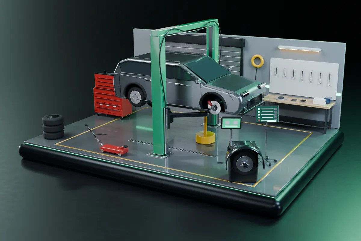 A miniature mechanical workshop with a metallic hatchback raised on a green two-post hoist with one front wheel removed to expose the brake, the wheel mounted on a balancer under its guard, and an inspection checklist on a technician’s tablet.