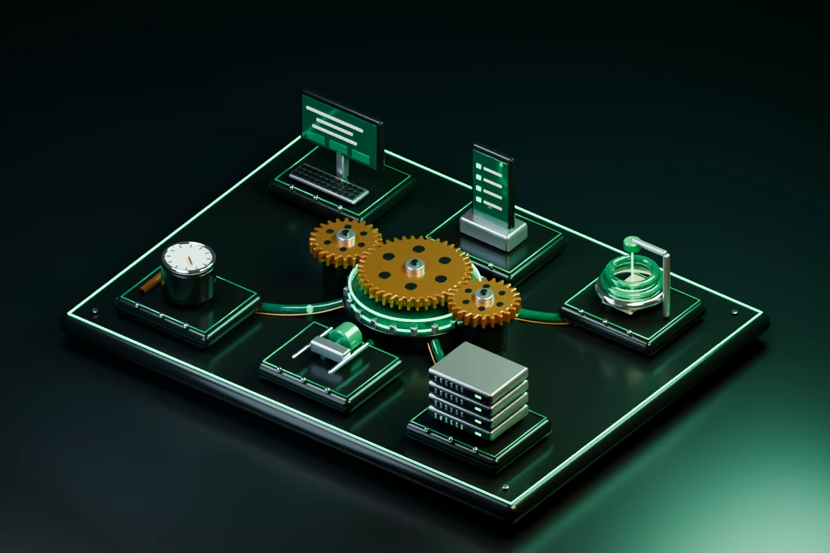 A custom-built miniature systems engine: connected web and mobile tools, document optics, an industrial gauge, an actuator and server infrastructure driven by interlocking gears.