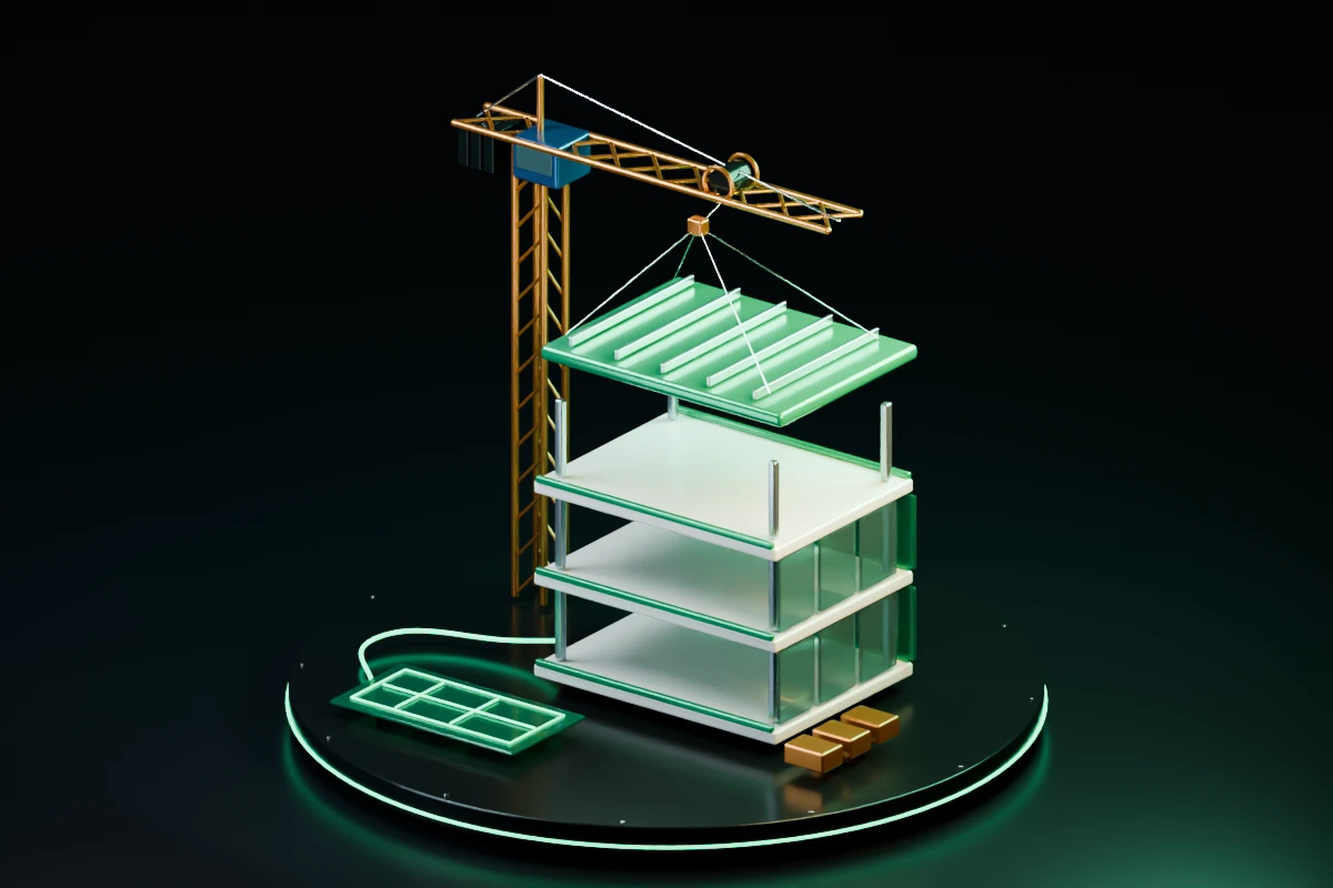 A copper crane lowers an emerald roof onto a miniature building, with a glowing architectural plan in the foreground.